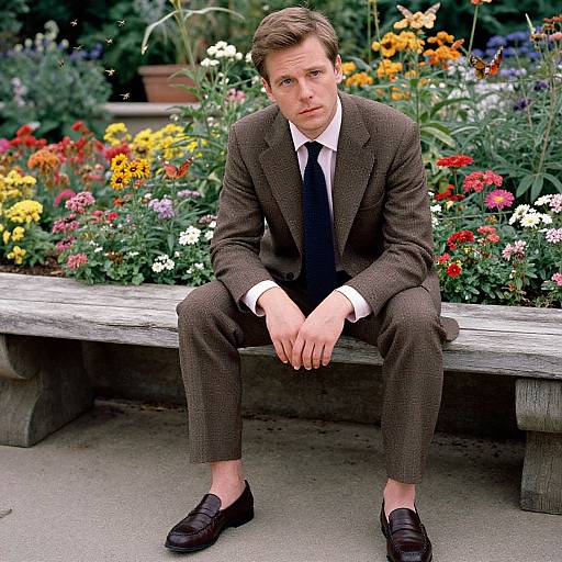 Photograph of a serious, young white man in a brown checkered suit, black tie, and brown loafers, sitting on a wooden bench in
