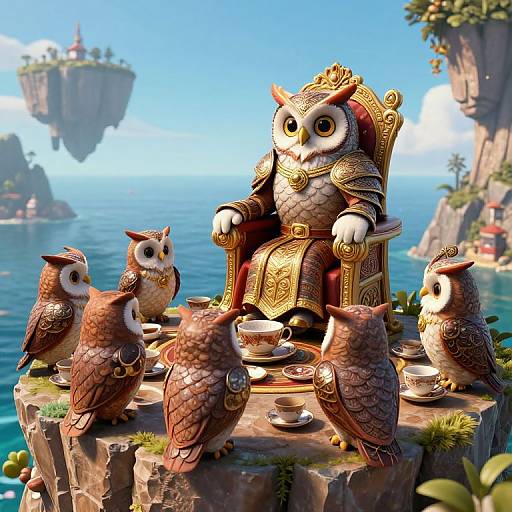 Digital artwork: anthropomorphic owl king in ornate gold chair, surrounded by five owls, teacups, on rocky cliff, floating islands background