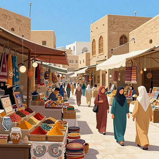 Colorful outdoor market scene in a Middle Eastern town, with vendors selling spices, textiles, and handicrafts under sunlit stone buildings. Shoppers