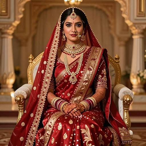 Photograph of a beautiful South Asian bride in a red and gold traditional saree, adorned with intricate jewelry, sitting on an ornate gold chair in