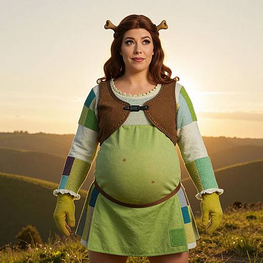 Photograph of a pregnant woman in medieval attire with green dress, brown vest, yellow gloves, and horn headband, standing in a sunlit,