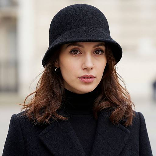 Photograph of a young woman with fair skin, brown eyes, and wavy brown hair, wearing a black bucket hat and coat, against a blurred