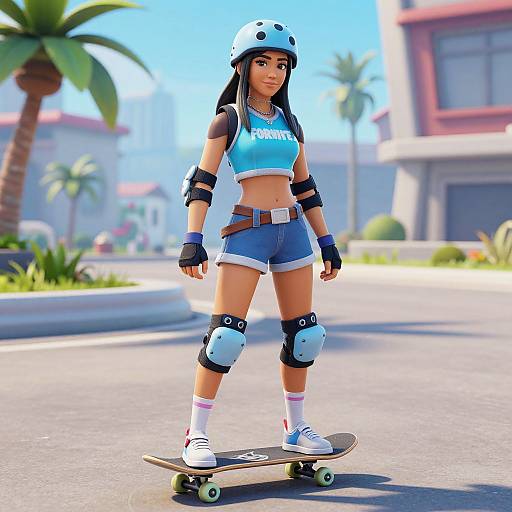 Digital artwork of a young woman with long black hair, wearing a white helmet, blue crop top, denim shorts, and knee pads, skateboarding on