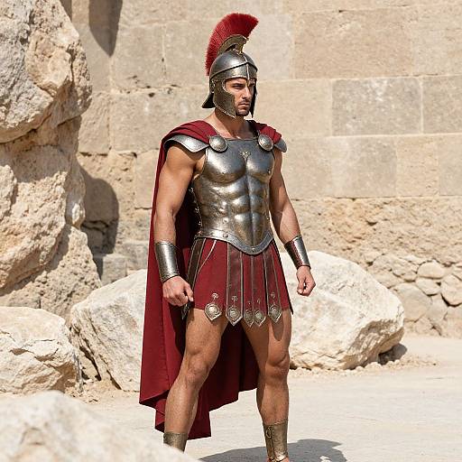 Photorealistic CGI of a muscular ancient Greek warrior in shiny silver armor, red plume helmet, red cape, and bronze greaves, standing in