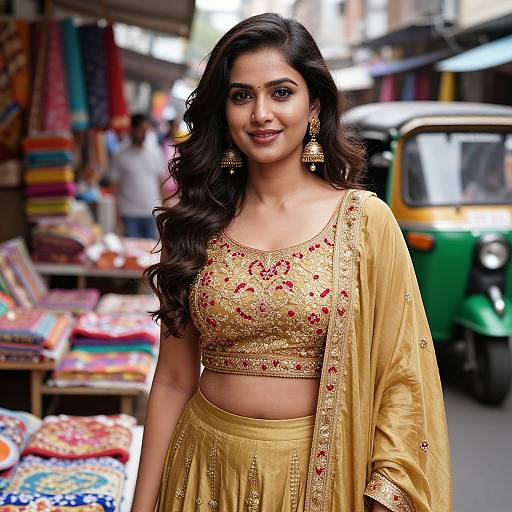 Photograph of a smiling Indian woman with long dark hair, wearing a gold embroidered crop top and matching dupatta, standing in a vibrant market with colorful