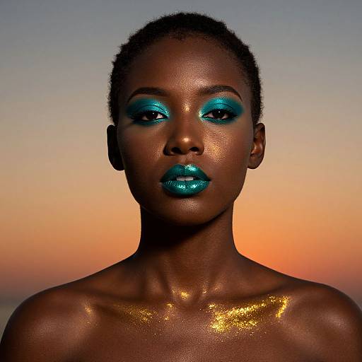 Photograph of a dark-skinned woman with glowing turquoise eyeshadow, shimmering gold lips, and gold body glitter against a sunset sky.
