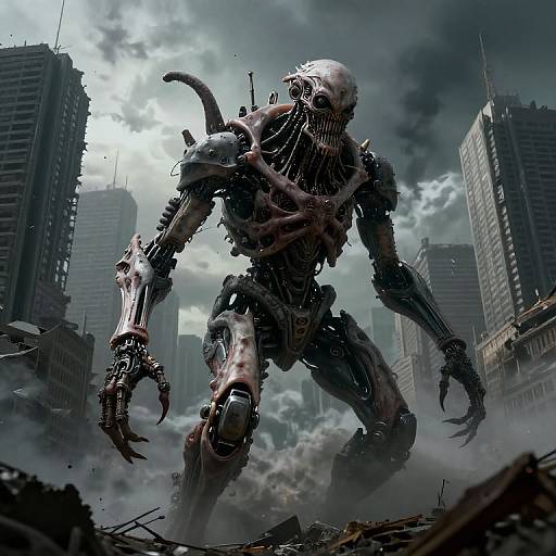 Digital artwork of a monstrous, humanoid creature with exposed bones, tentacles, and claws, standing amidst a destroyed, smoke-filled cityscape. Dark,