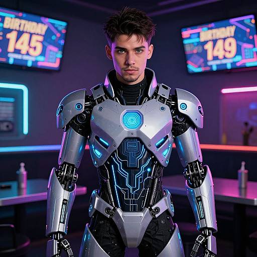 CGI image of a handsome, dark-haired man in futuristic silver and black robotic armor with glowing blue circuits, standing in a neon-lit, high