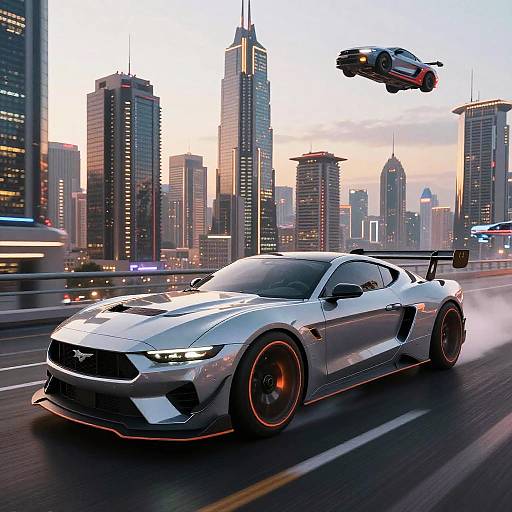 Photorealistic digital artwork of a sleek, silver, high-performance sports car with red accents and a drone flying above, speeding through a bustling, illuminated