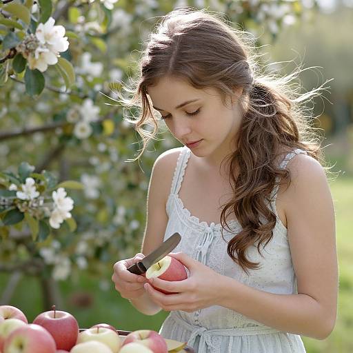 Young Woman Peeling Apples in Garden