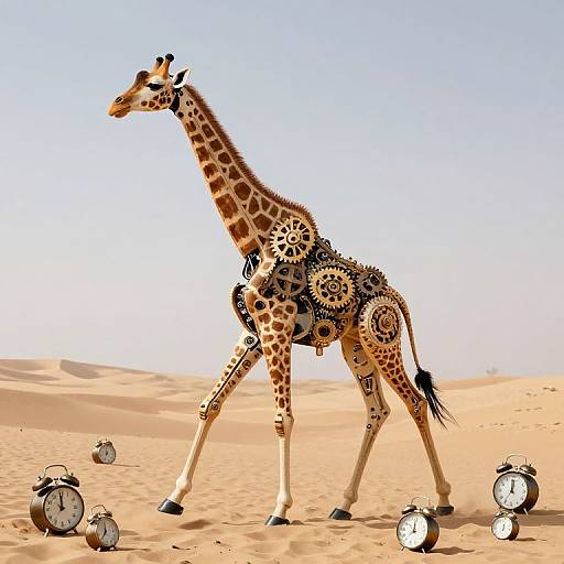 Photograph of a giraffe with clock gears integrated into its body, walking in a bright desert with five clock lanterns.