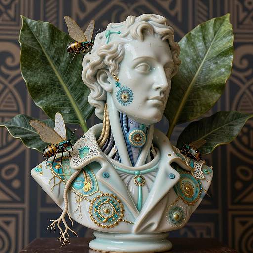 Photograph of a white marble bust adorned with intricate blue and gold jewelry, large green leaves, and delicate dragonflies. Ornate patterned background.