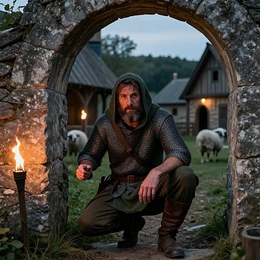 Medieval knight in chainmail, hooded, crouches in stone archway, torchlit, with sheep and rustic cottages in twilight background