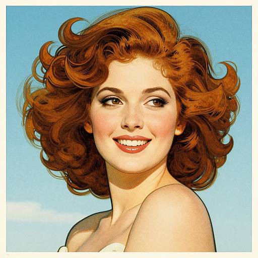 Digital illustration of a smiling woman with curly red hair, fair skin, and bright blue eyes against a clear sky background.