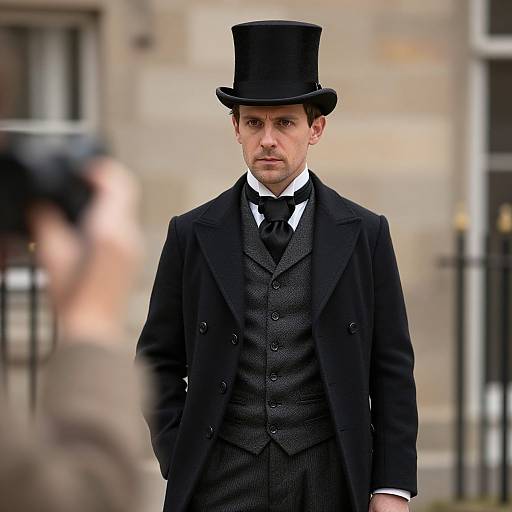 Photograph of a serious, light-skinned man in Victorian attire, including a black top hat, black suit, and tie, with blurred figures in