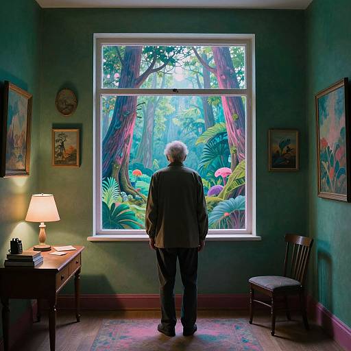 Photograph of an elderly man with white hair, standing in a dimly lit room, facing a large window showing a vibrant, colorful forest outside.