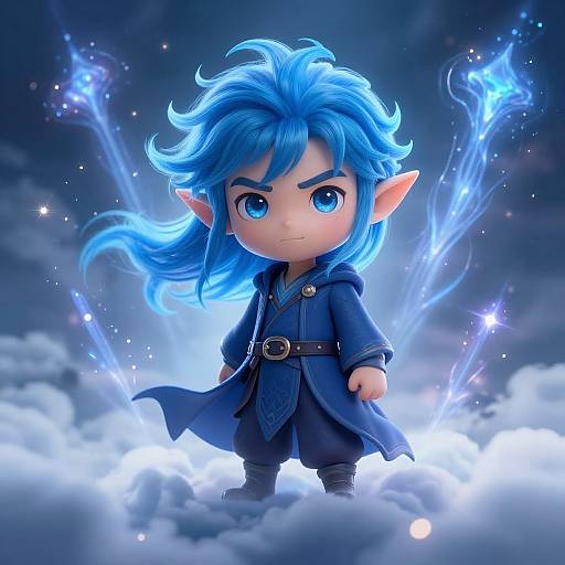 Chibi-style digital artwork of a blue-haired elf with pointed ears, intense blue eyes, wearing a dark blue cloak, standing amidst glowing blue lightning and