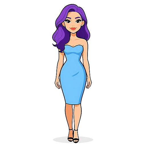 Digital cartoon of a woman with long purple hair, wearing a strapless light blue dress and black heels, standing against a white background.