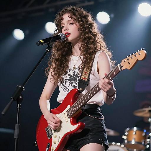 Young Woman Playing Electric Guitar on Stage