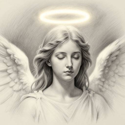 Pencil drawing of a serene angelic woman with wavy hair, closed eyes, halo, and detailed wings, in black and white.