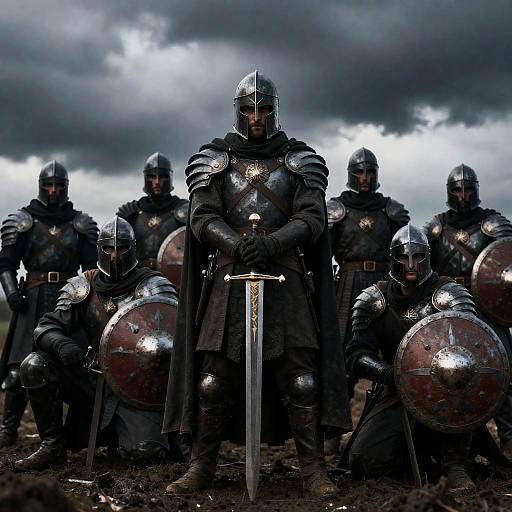 Armored Warriors Amidst Stormy Skies