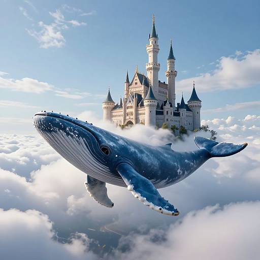 Photorealistic digital artwork of a massive blue whale soaring above a whimsical, fairy-tale castle surrounded by fluffy clouds. Bright blue sky in the