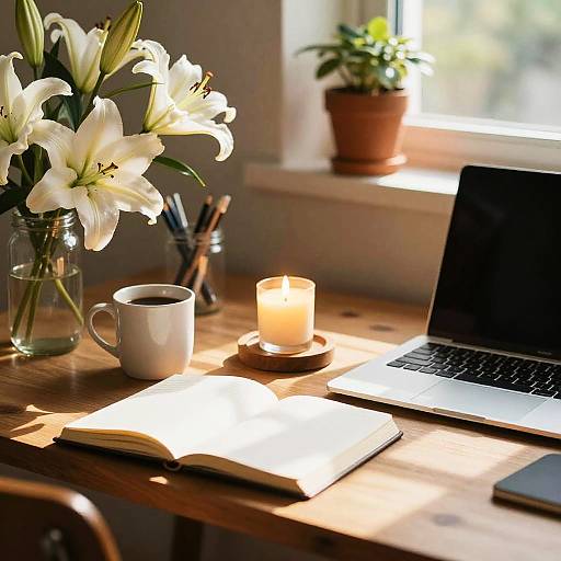 Cozy Sunlit Desk with Candle and Coffee
