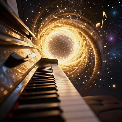 Close-up of piano keys leading into a swirling, glowing cosmic vortex with musical notes and stars in the background.