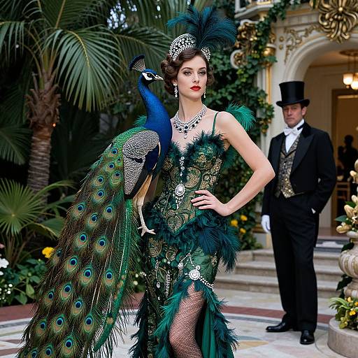 Photograph of a red-haired woman in a peacock-feathered, green and blue flapper dress with a peacock, standing confidently, next