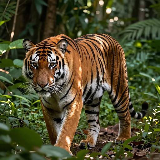 Photograph of a majestic Bengal tiger with striking orange and black stripes, walking through a lush, sunlit forest with dense green foliage.