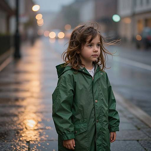 Photograph of a young girl with wavy brown hair, wearing a green raincoat, standing on a wet, illuminated street at dusk.