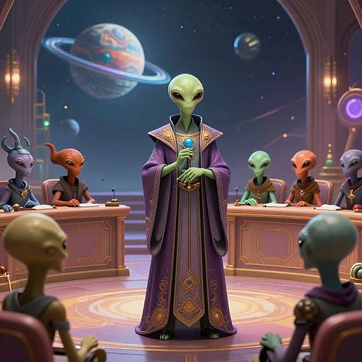Digital CGI of an alien in a purple robe standing at a Galactic Senate-like podium, surrounded by seven other aliens on a starry, planet-filled background