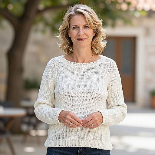 Photograph of a smiling middle-aged woman with blonde, wavy hair, wearing a white knit sweater, standing outdoors, hands clasped.