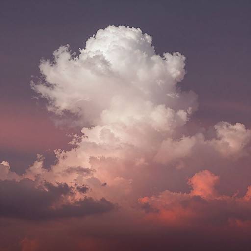 Photograph of a large, bright white cumulus cloud against a dark purple and pink sunset sky, with softer clouds below.