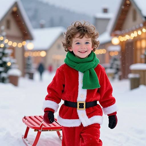 Cheerful Boy in Christmas Village