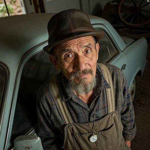 Photograph of an elderly man with a weathered face, grey beard, black cap, plaid shirt, and overalls, standing beside a vintage