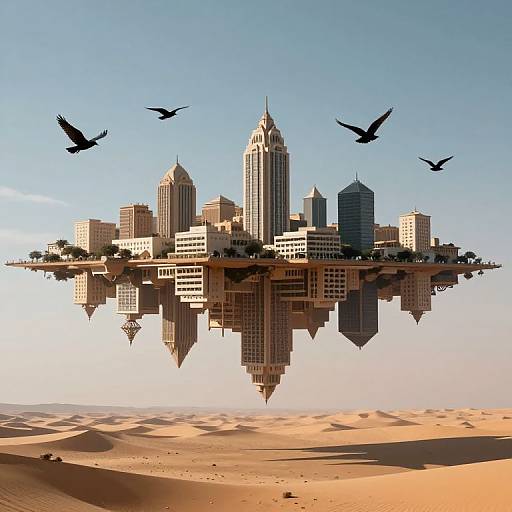 Photorealistic CGI of a floating, futuristic city with tall skyscrapers over a desert, clear blue sky, and three flying birds.