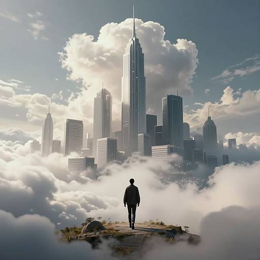 Digital artwork: Silhouetted man stands on grassy hill, facing towering skyscrapers in a cloud-filled sky, with sunlight peeking through