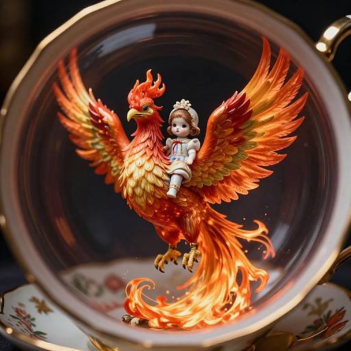 Photograph of a detailed, colorful figurine of a baby with wings riding a fiery phoenix inside a large, ornate teacup.