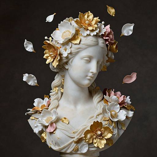 Photograph of a white marble bust of a serene woman adorned with gold and pink flowers, petals floating around, against a dark background.