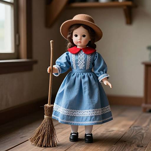 Photograph of a vintage-style doll with curly brown hair, wearing a blue lace dress, red collar, brown hat, and black shoes, holding a