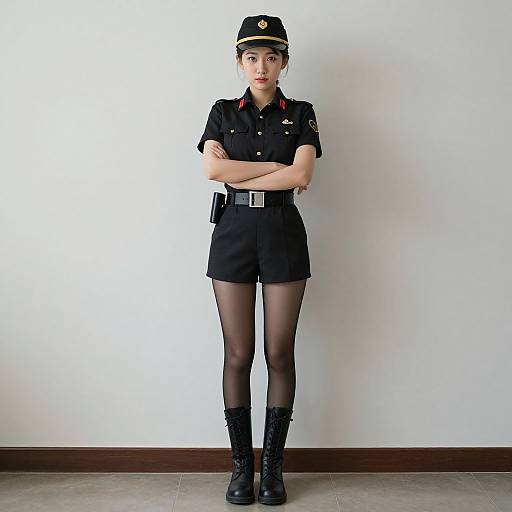 Photograph of an Asian woman in a black police uniform with short sleeves, high-waisted shorts, black stockings, and boots, standing against a