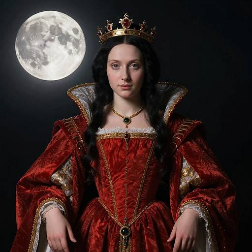 Photograph of a pale-skinned woman with long black hair, wearing a red velvet Renaissance gown, gold crown, and necklace, against a dark background