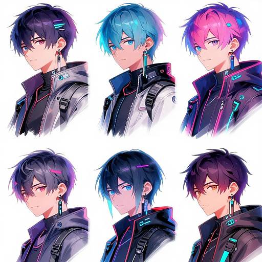 Digital anime-style portrait collage of six male characters with varied hair colors (black, blue, pink, dark blue, black, brown), wearing futuristic black