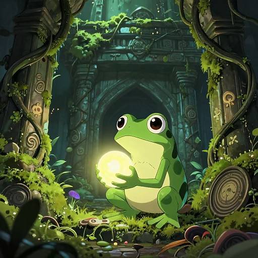 Digital illustration of a large-eyed, green frog holding a glowing orb in a lush, mystical, ancient ruin with vines and mushrooms.