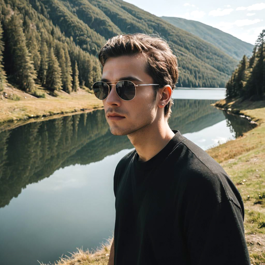 Young Man with Oversized Sunglasses by Lake