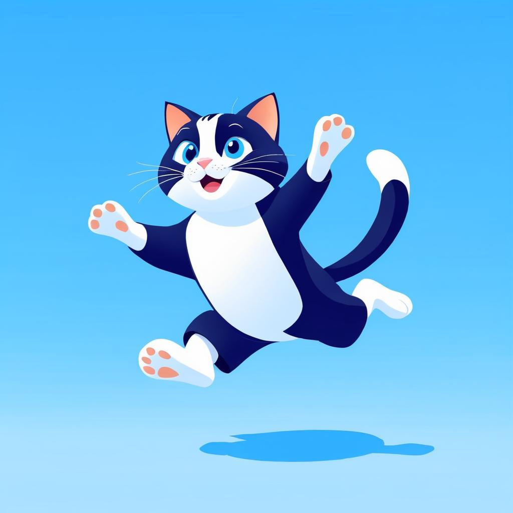 Jumping Cat Character on Blue Background