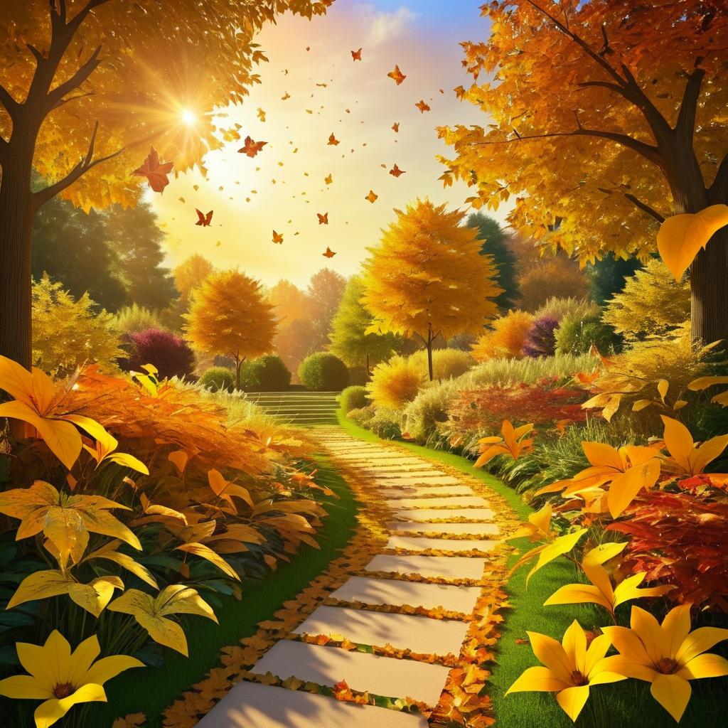 Autumn Garden with Golden Leaves and Butterflies