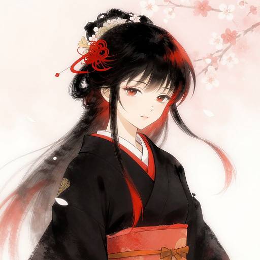 Digital anime-style drawing of a beautiful Japanese woman with long black hair, red highlights, and red flowers in her hair, wearing a black kimono with