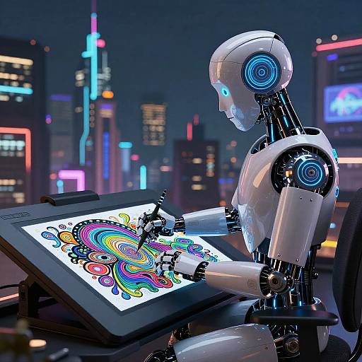 Cyberpunk AI Artist at Digital Table